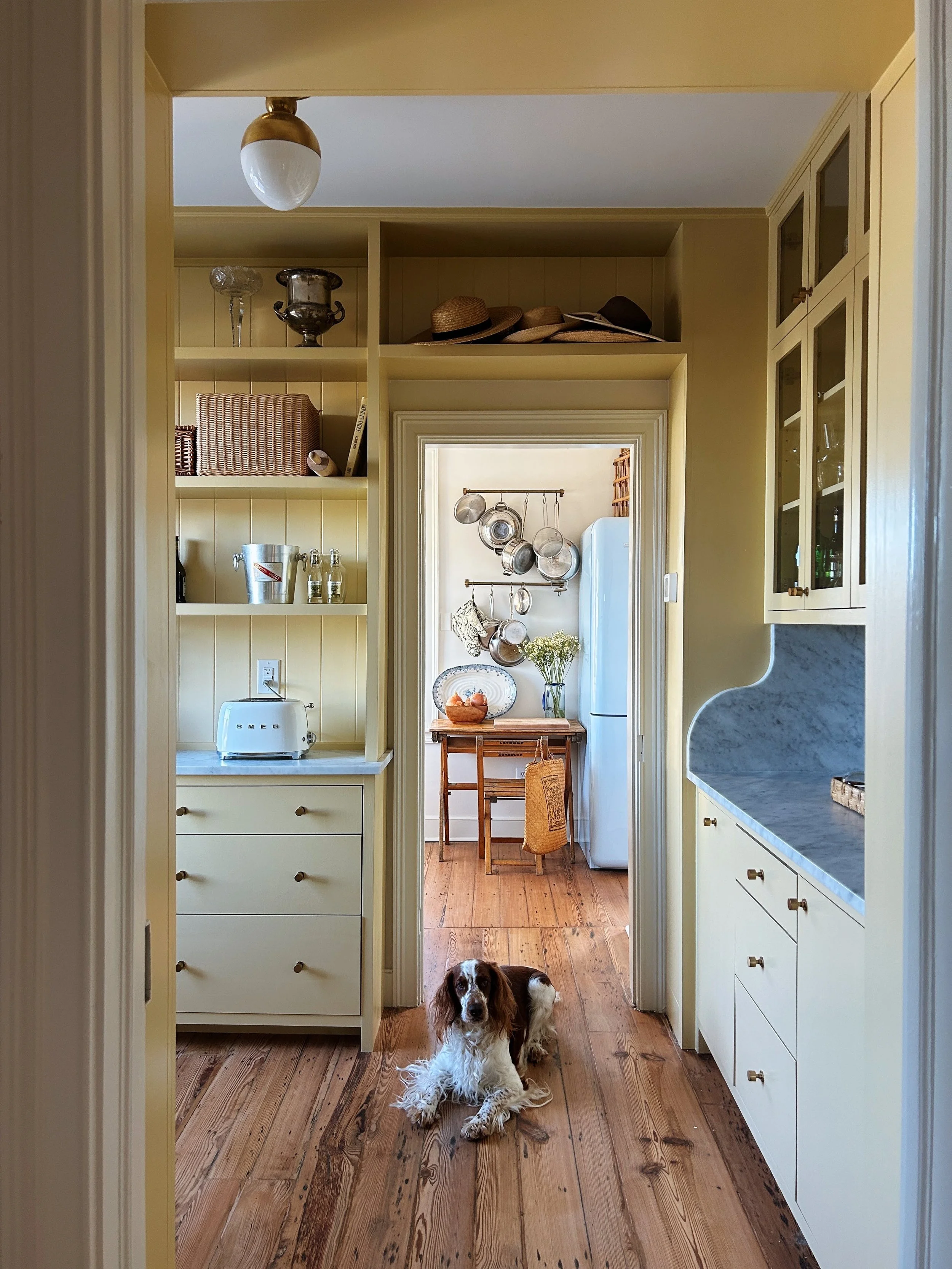 View of a kitchen hallway with a dog lying on wooden floorboards in the foreground, and shelves with hats, dishes, and jars above, leading to a laundry area with hanging pots and a refrigerator.