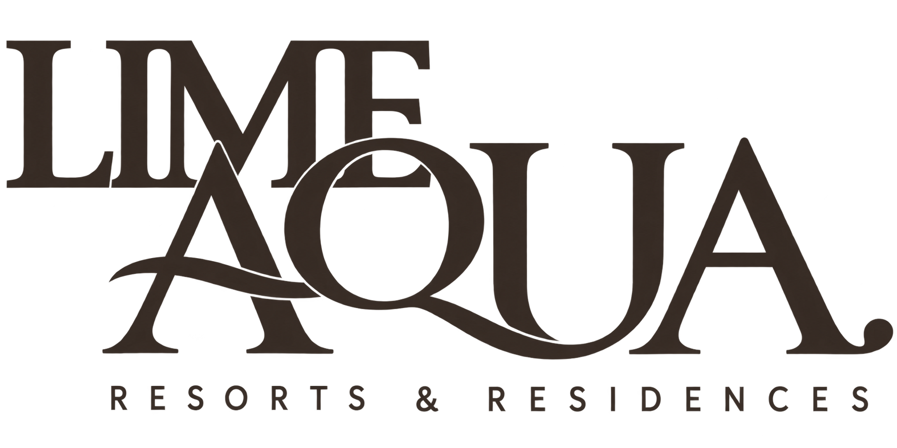 Logo del complejo turístico 'LIVE AQU Resorts & Residences' en letras grandes y elegantes con subtítulo debajo. Hoteles.