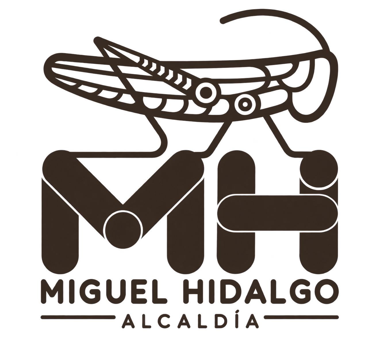 Logo del Ayuntamiento de Miguel Hidalgo que incluye un icono de un colibrí y texto en letras mayúsculas que dice 'Miguel Hidalgo Alcaldía'.