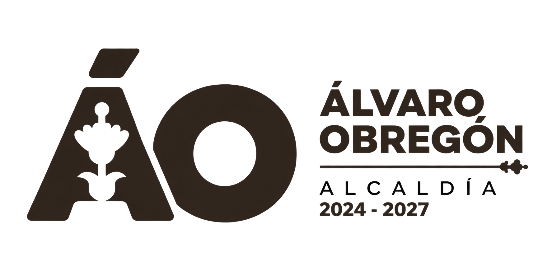 Logotipo con letras grandes 'A' y un símbolo de lámpara y flor en medio, además, el texto 'ÁLVARO OREGÓN 2024-2027'. Delegación Alvaro Obregón.