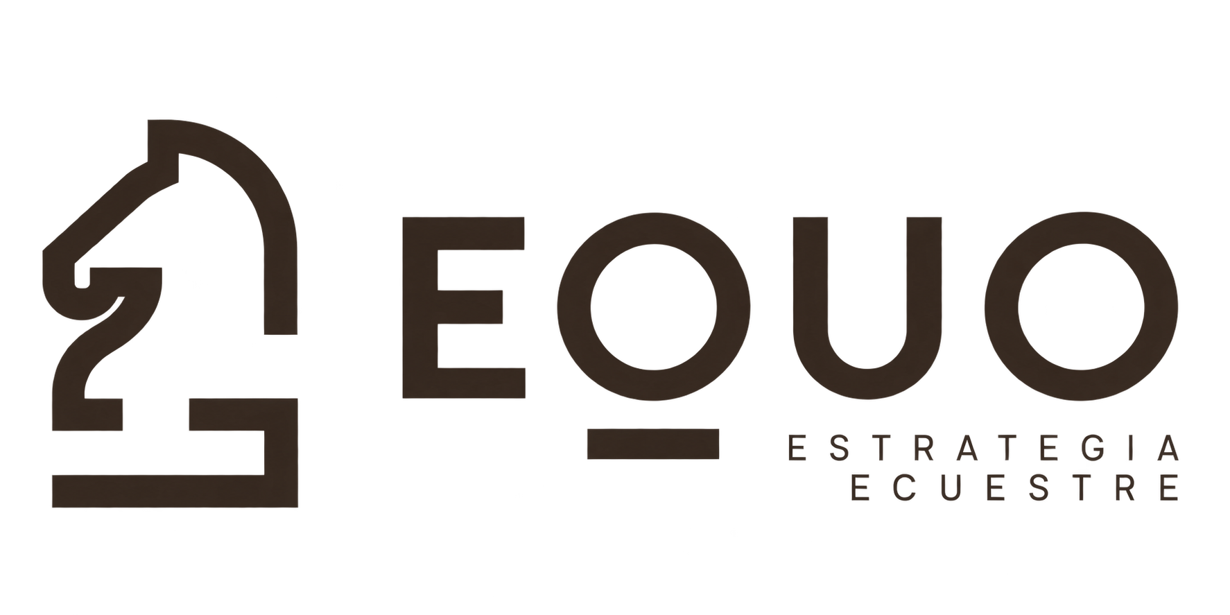 Logotipo con el texto 'Equo Estrategia Equestre' en letras negras sobre un fondo transparente, con un diseño moderno y estilizado.