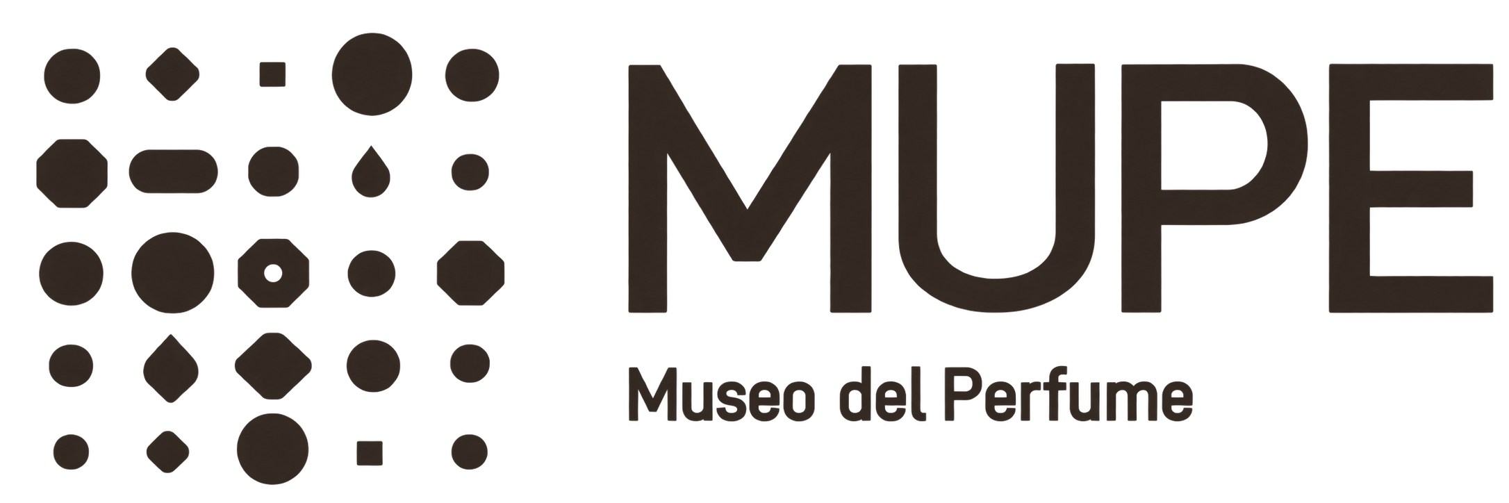 Logo del Museo del Perfume del MUPE con texto en español y formas de diferentes tamaños y formas en tonos oscuros.