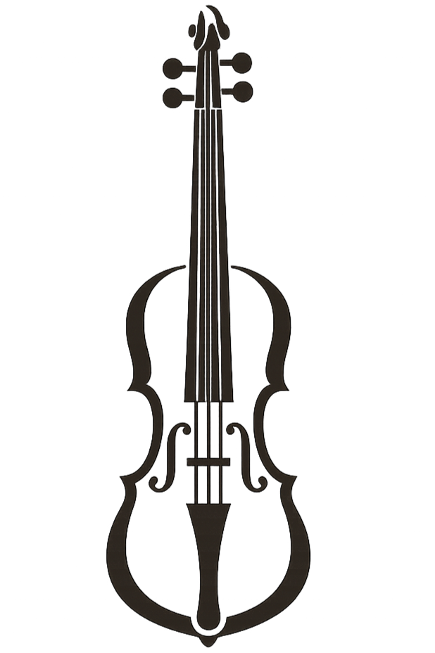 Imagen de un violín de color negro con líneas y curvas decorativas.