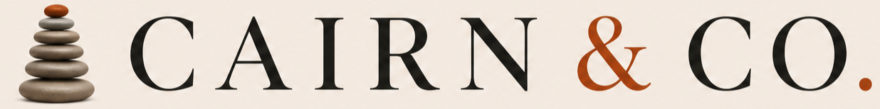 Logo for Cairn & Co. featuring a stack of smooth stones on the left and the company name in black and brown text