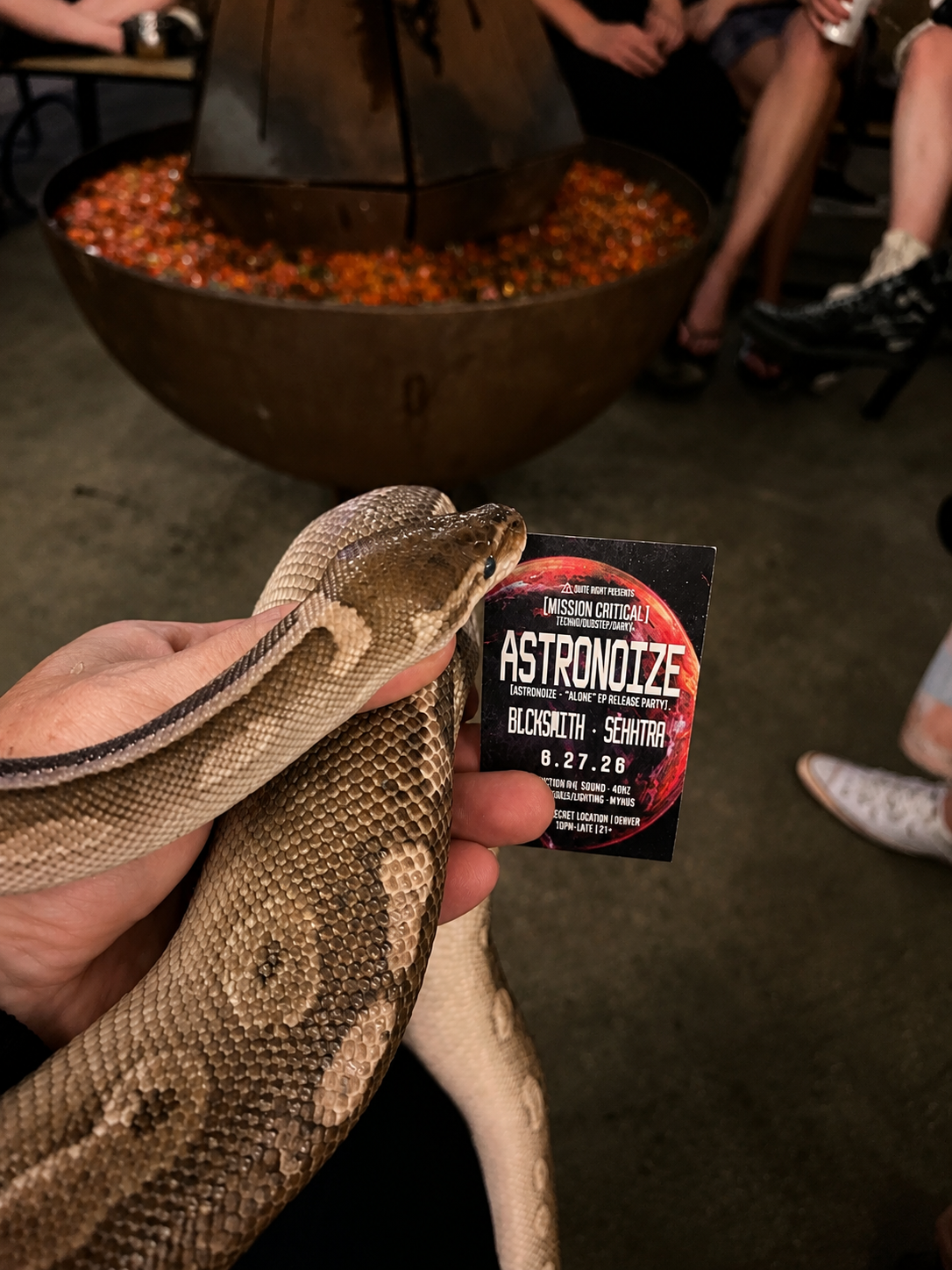 A person holding a snake and a ticket to the Astronoize event with a fire-themed background and people sitting around.