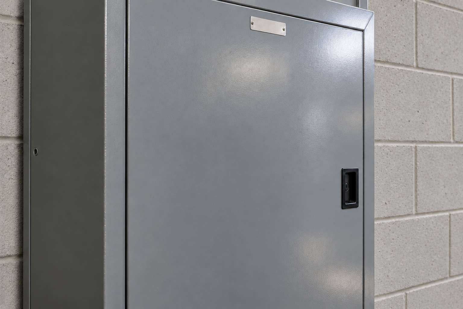 Gray metal electrical box mounted on a textured beige wall.