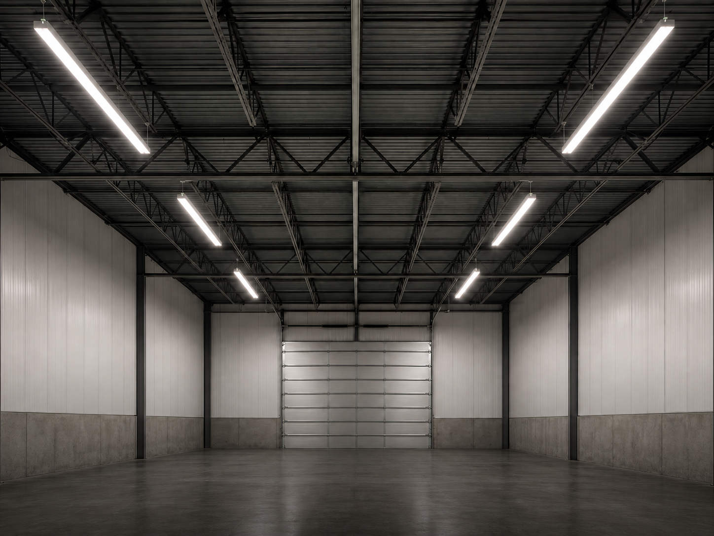 Empty warehouse with gray concrete floor, white metal walls, and a large roll-up door at the back. Overhead fluorescent lights illuminate the space.