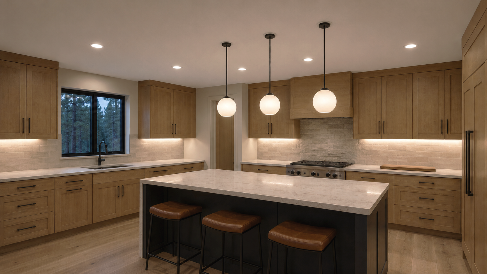 Modern kitchen with wooden cabinets, white marble countertops, and a central island with seating. Features include a window above the sink, under-cabinet lighting, three pendant lights hanging over the island, a stove with an exhaust hood, and a refrigerator on the right.