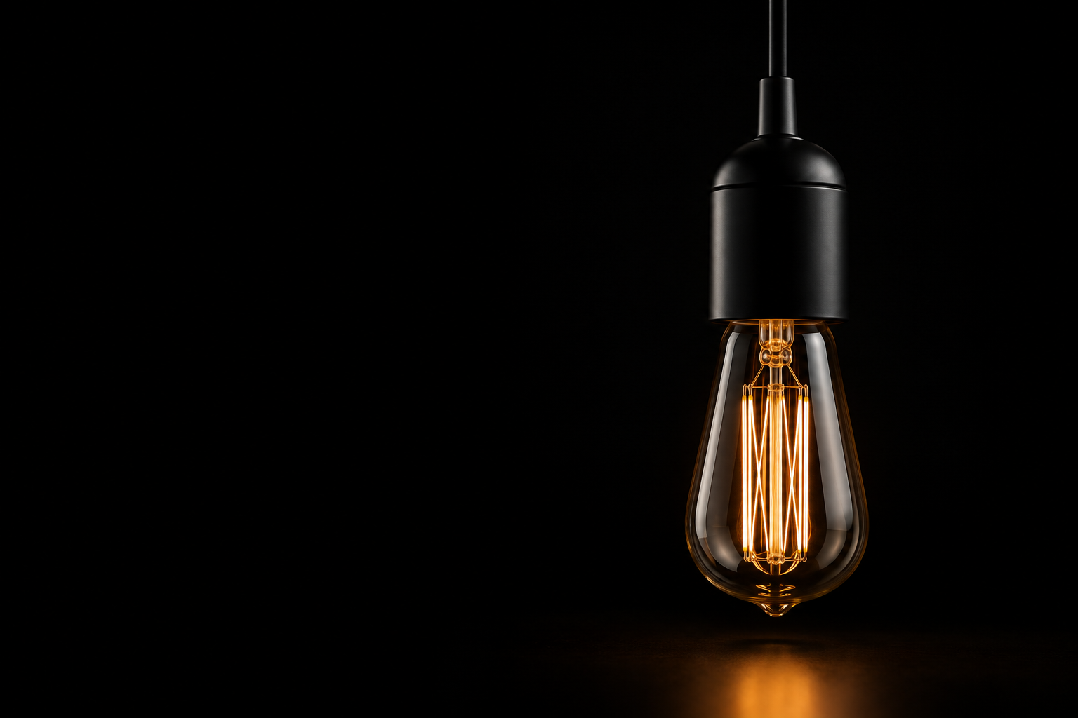 Single vintage-style Edison light bulb glowing with filament visible, hanging against a black background.