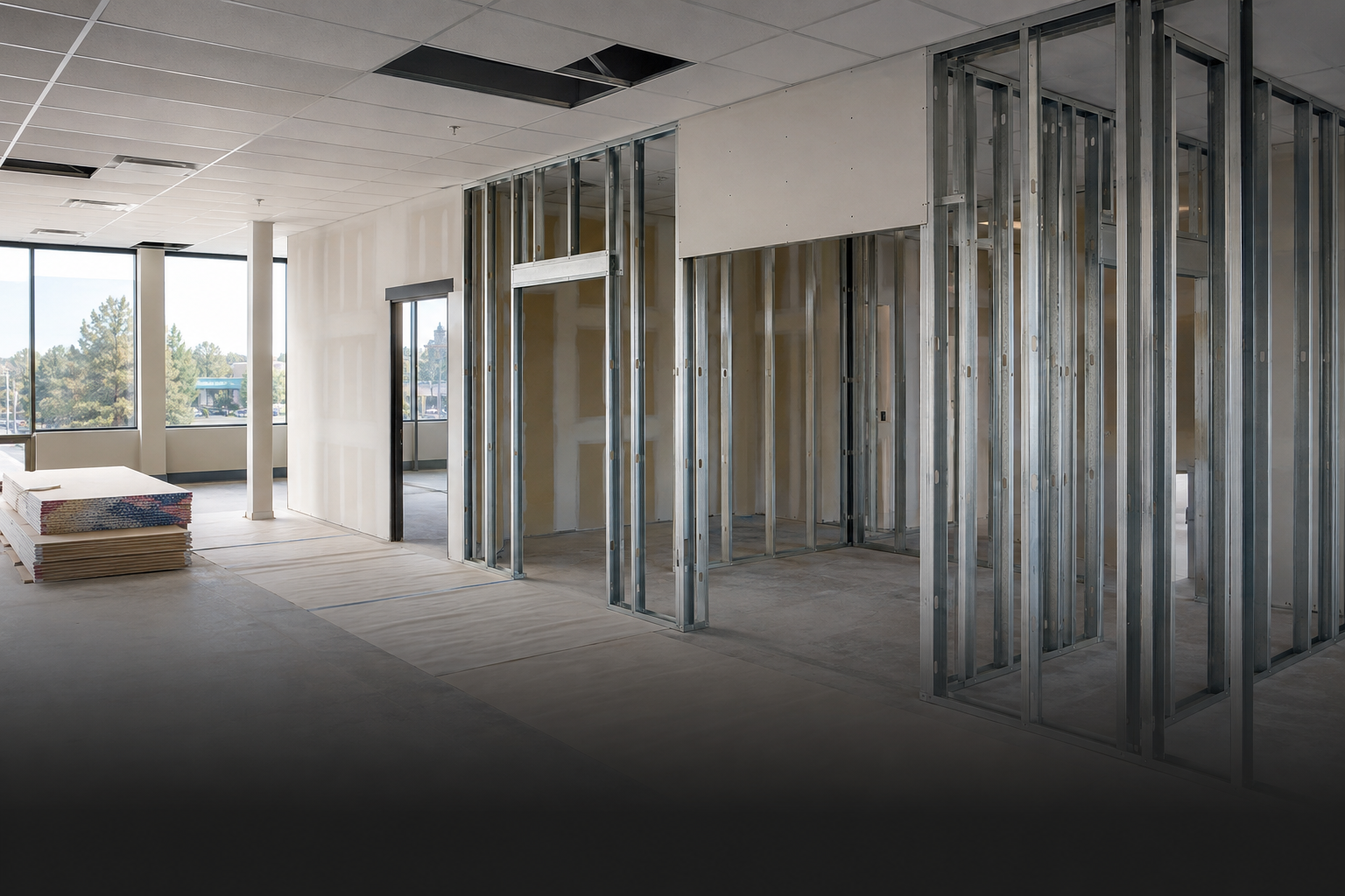 Interior of a building under construction with metal framing and drywall, with large windows and building materials on the floor.