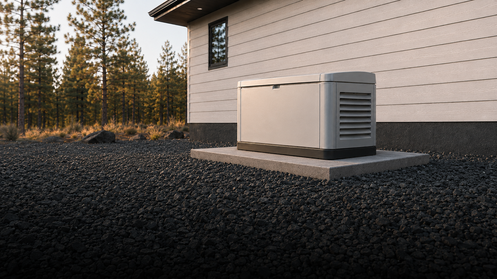 A metal air conditioning unit installed on a concrete slab outside a house with light-colored siding, surrounded by black gravel and a background of trees.