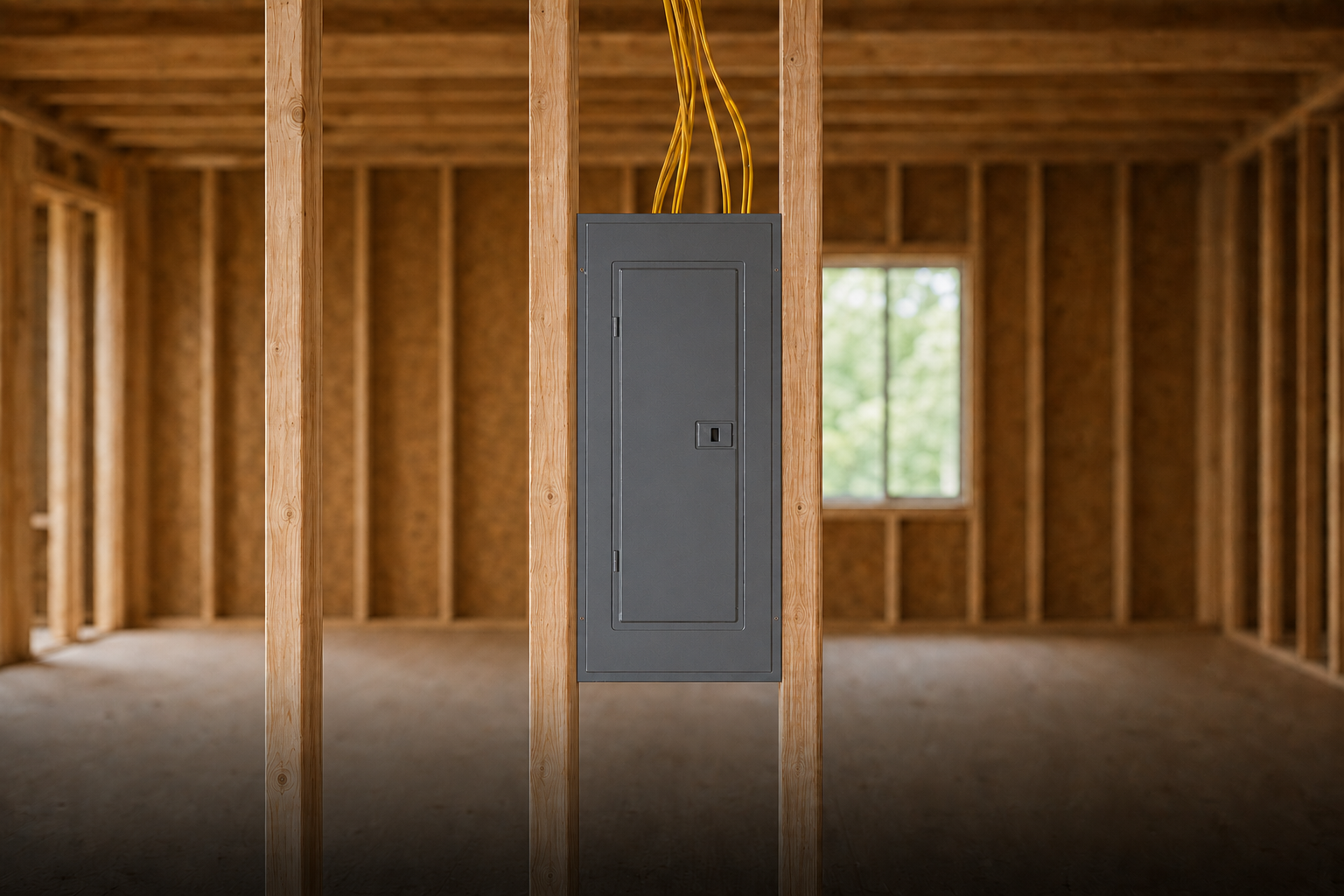 Electrical panel installed on a wooden wall inside an unfinished house with exposed framing and a window in the background.