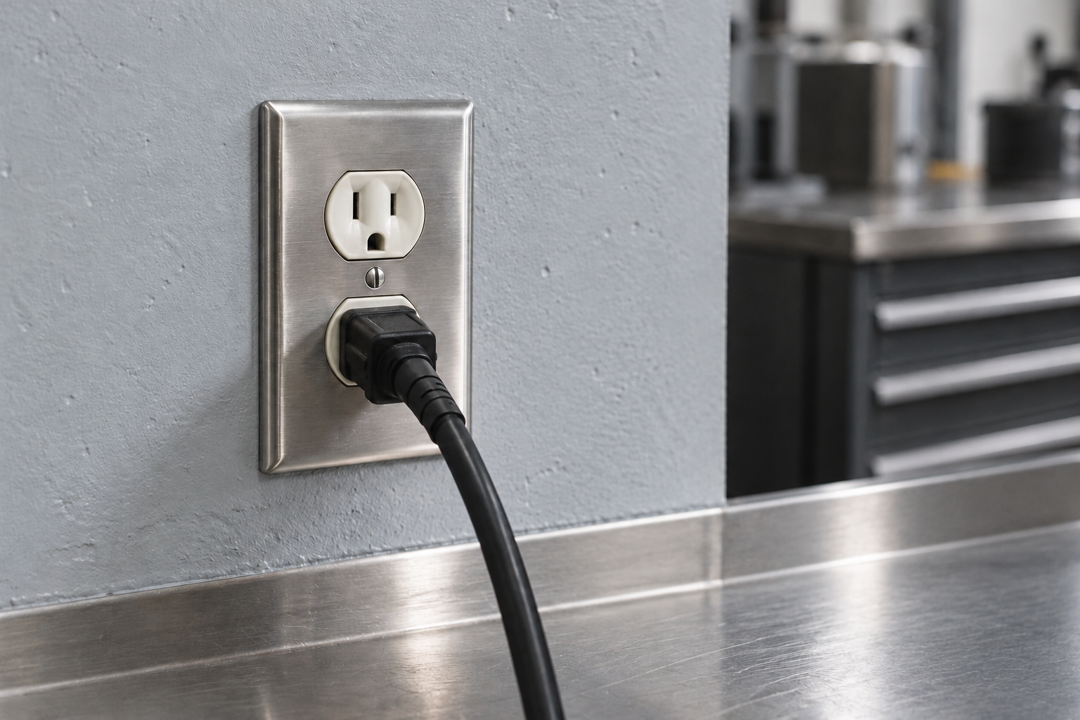 A standard electrical outlet with a plugged-in black power cord on a kitchen countertop.