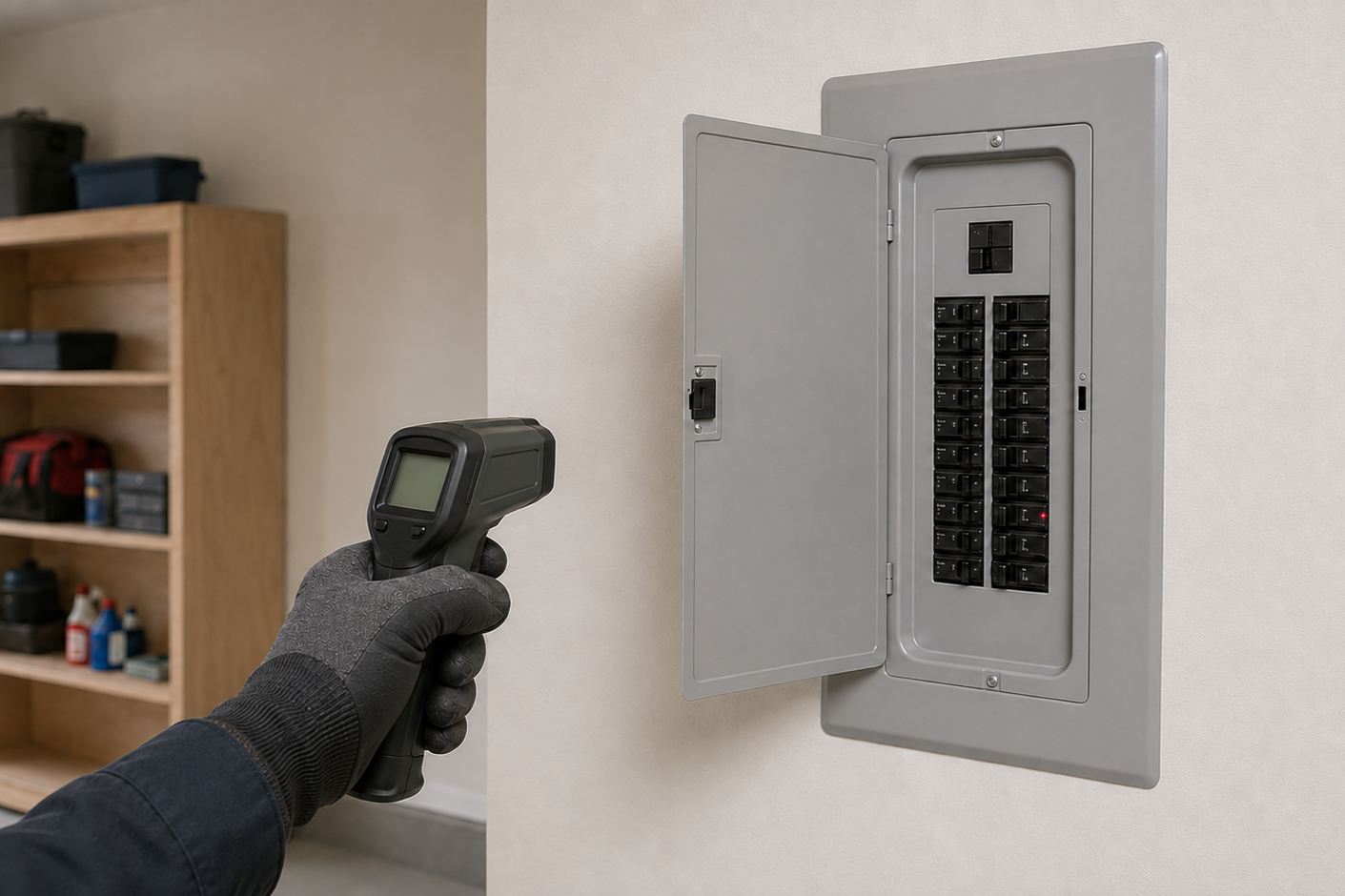 Person in black glove using an infrared thermometer to check an electrical panel.