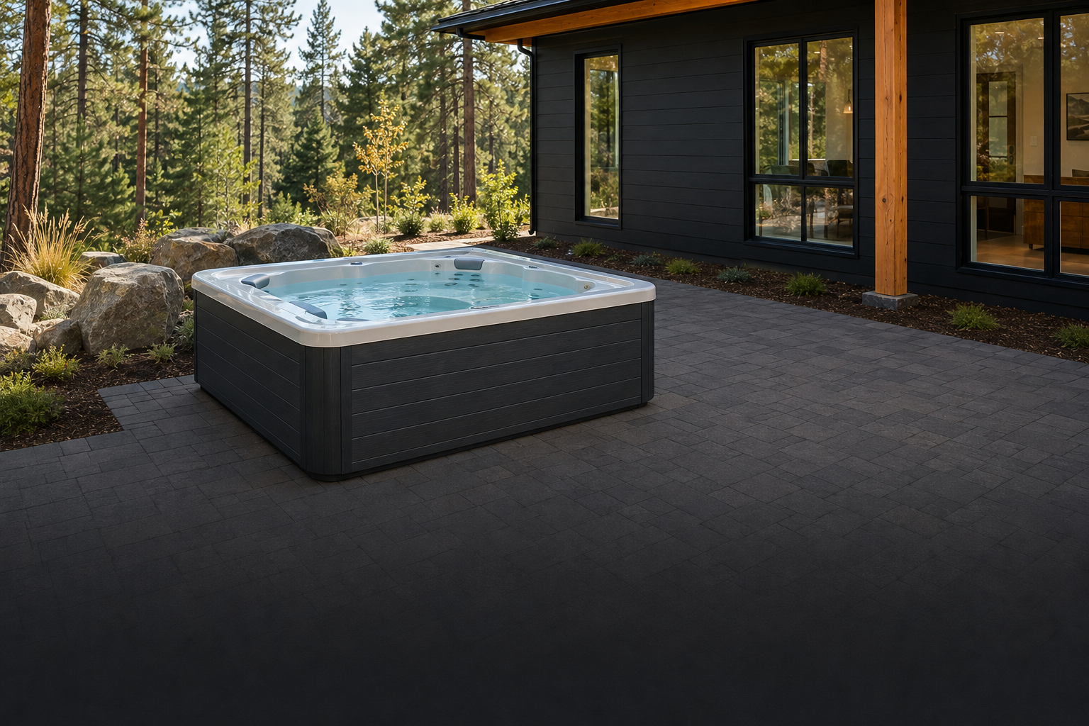 An outdoor backyard scene featuring a black hot tub on a paved patio next to a modern home with large windows, surrounded by trees, rocks, and plants under natural daylight.