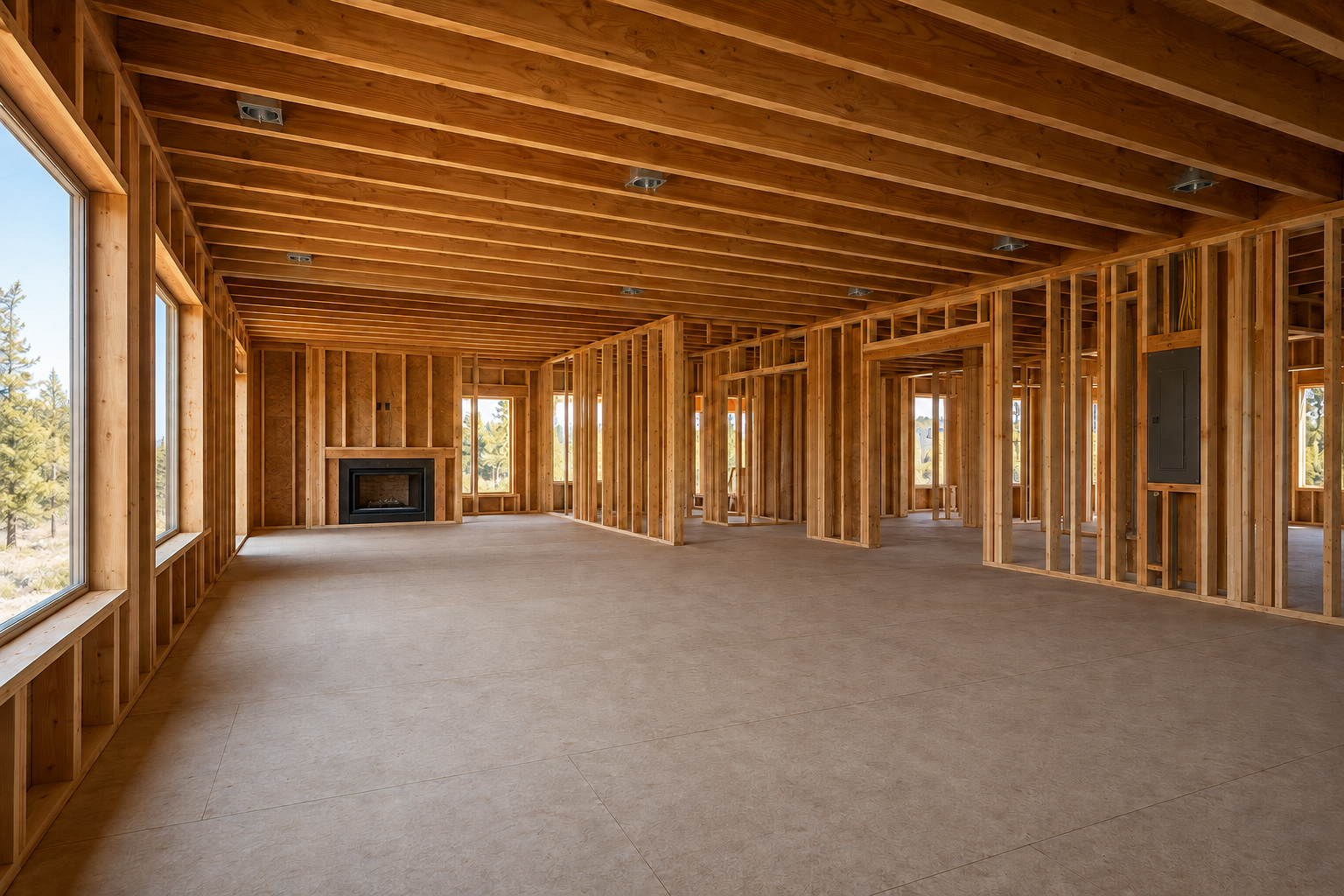 Unfinished interior of a house under construction with exposed wooden studs, a vaulted wooden ceiling, and large windows, featuring a fireplace on the far wall.