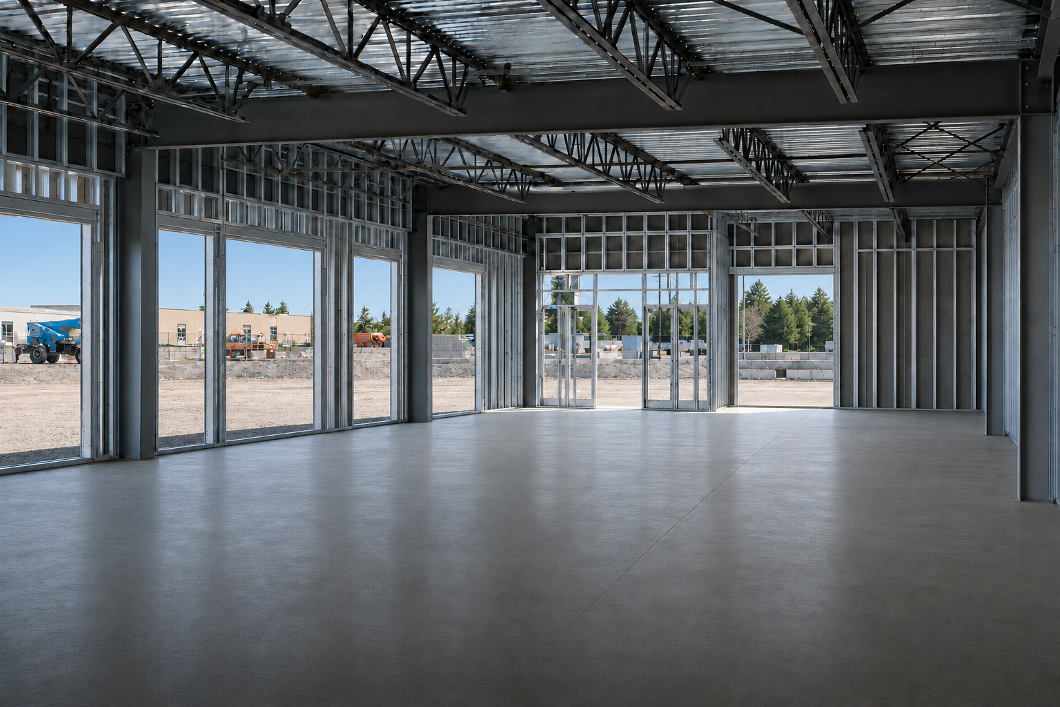 Interior view of a building under construction with metal framing, large windows, and an unfinished ceiling. Outside construction equipment and a dirt lot are visible.