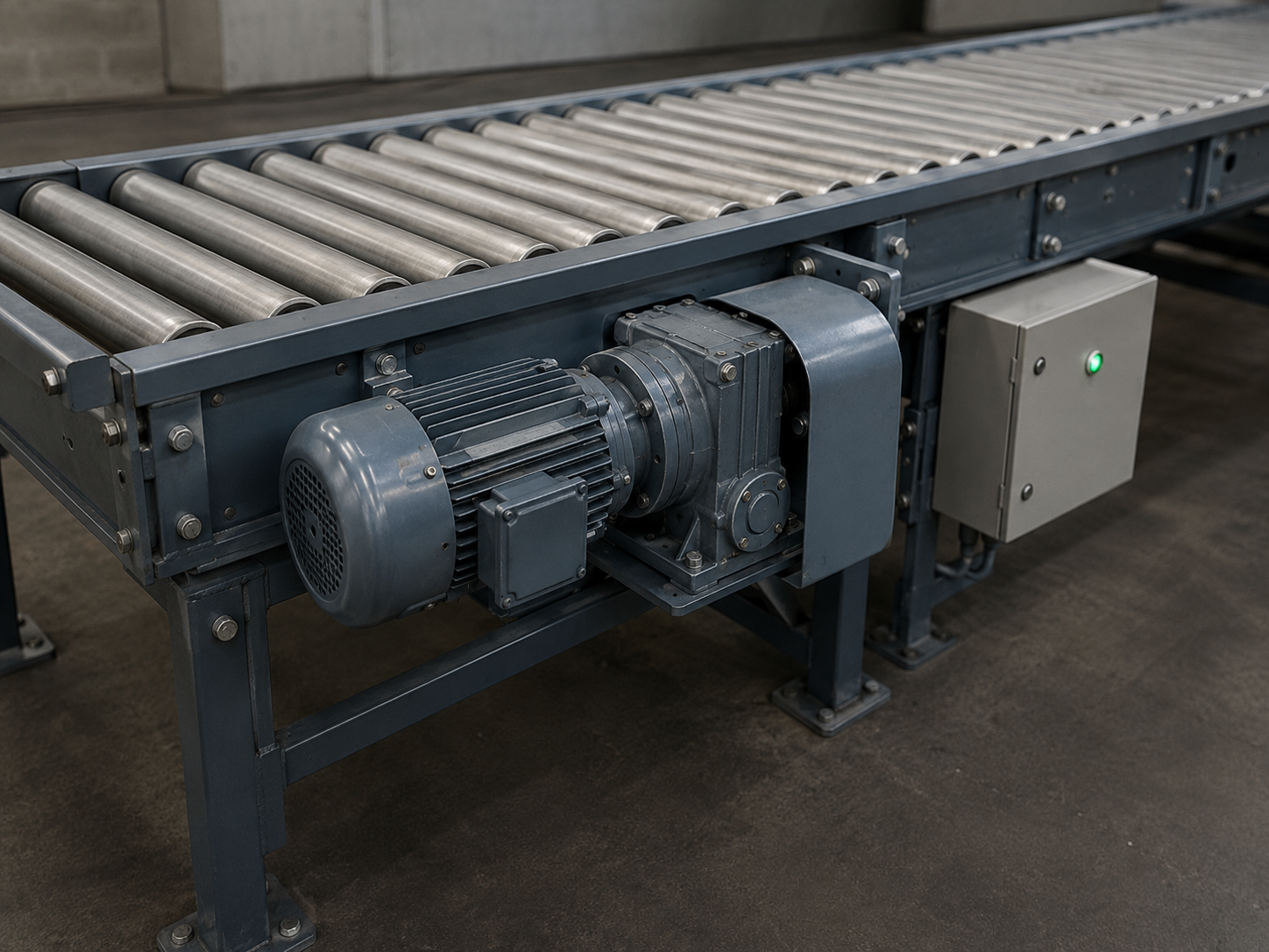 Industrial conveyor system with metal rollers and motor, located on a concrete floor in a factory setting.