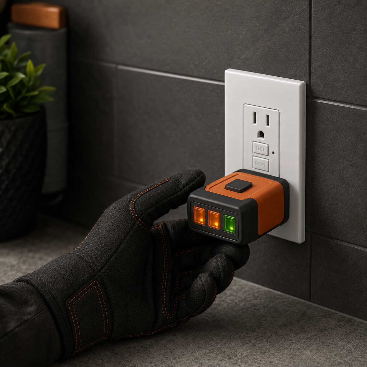 A person wearing a black glove with orange stitching is testing an electrical outlet with a circuit tester that has green, orange, and red lights, plugged into the outlet on a dark tiled wall.