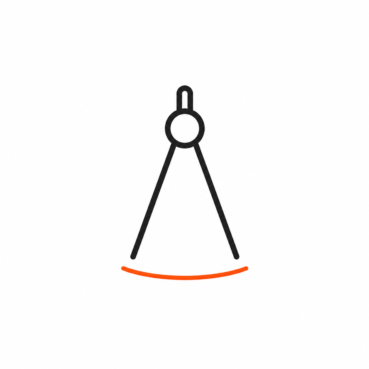 A drawing of a compass with its legs open, drawing an orange arc.