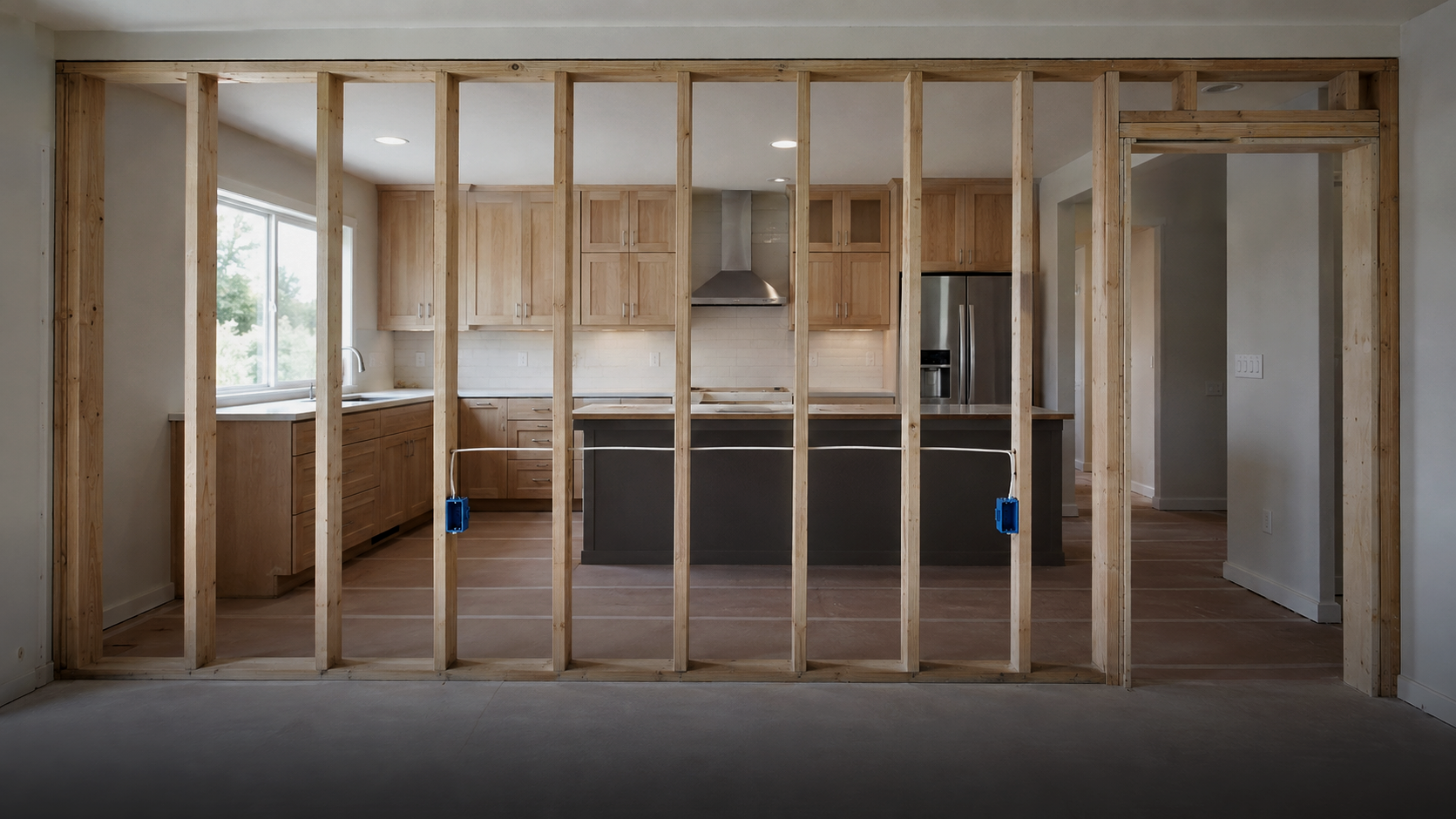 Interior view of a kitchen under construction, with wooden framing and partially finished cabinetry, appliances, and countertops visible in the background.