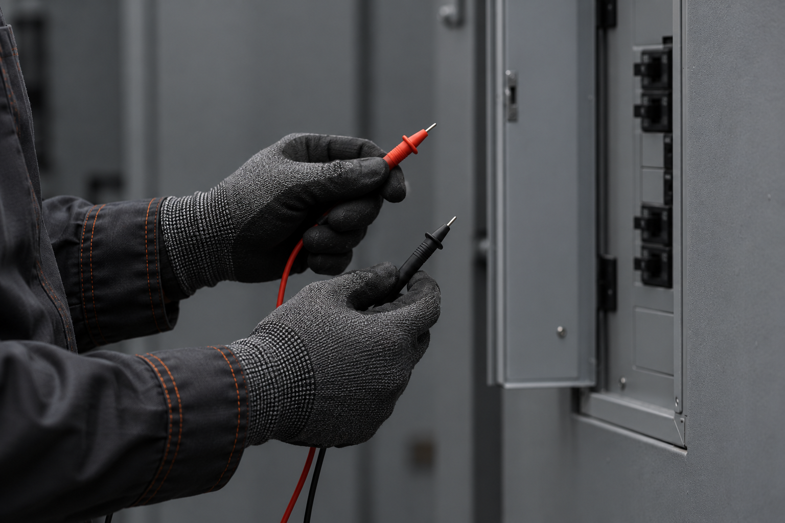 A technician wearing black gloves with orange stitching and a black jacket is holding a red and black multimeter probe, testing electrical components inside a gray electrical panel or circuit breaker box.