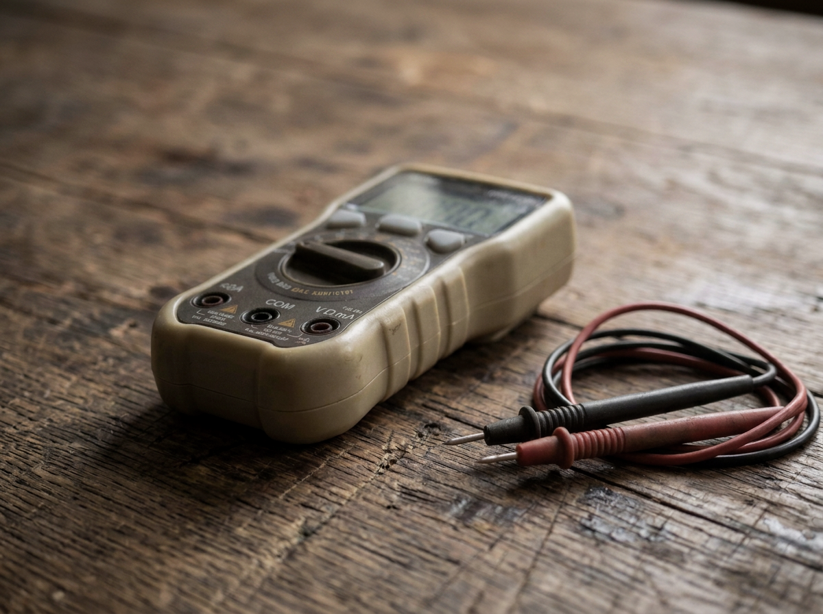 A digital multimeter with red and black probes on a wooden surface.