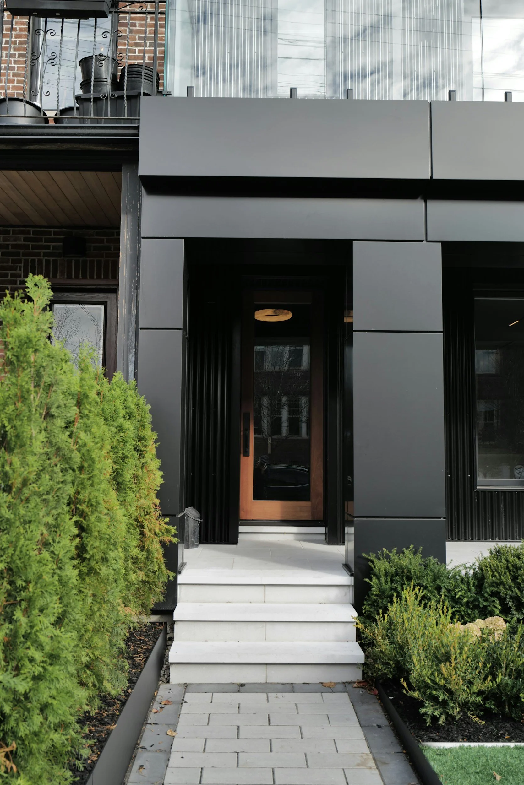 Modern house entrance with white steps leading to a wooden door, black metal framing, and green shrubs on sides