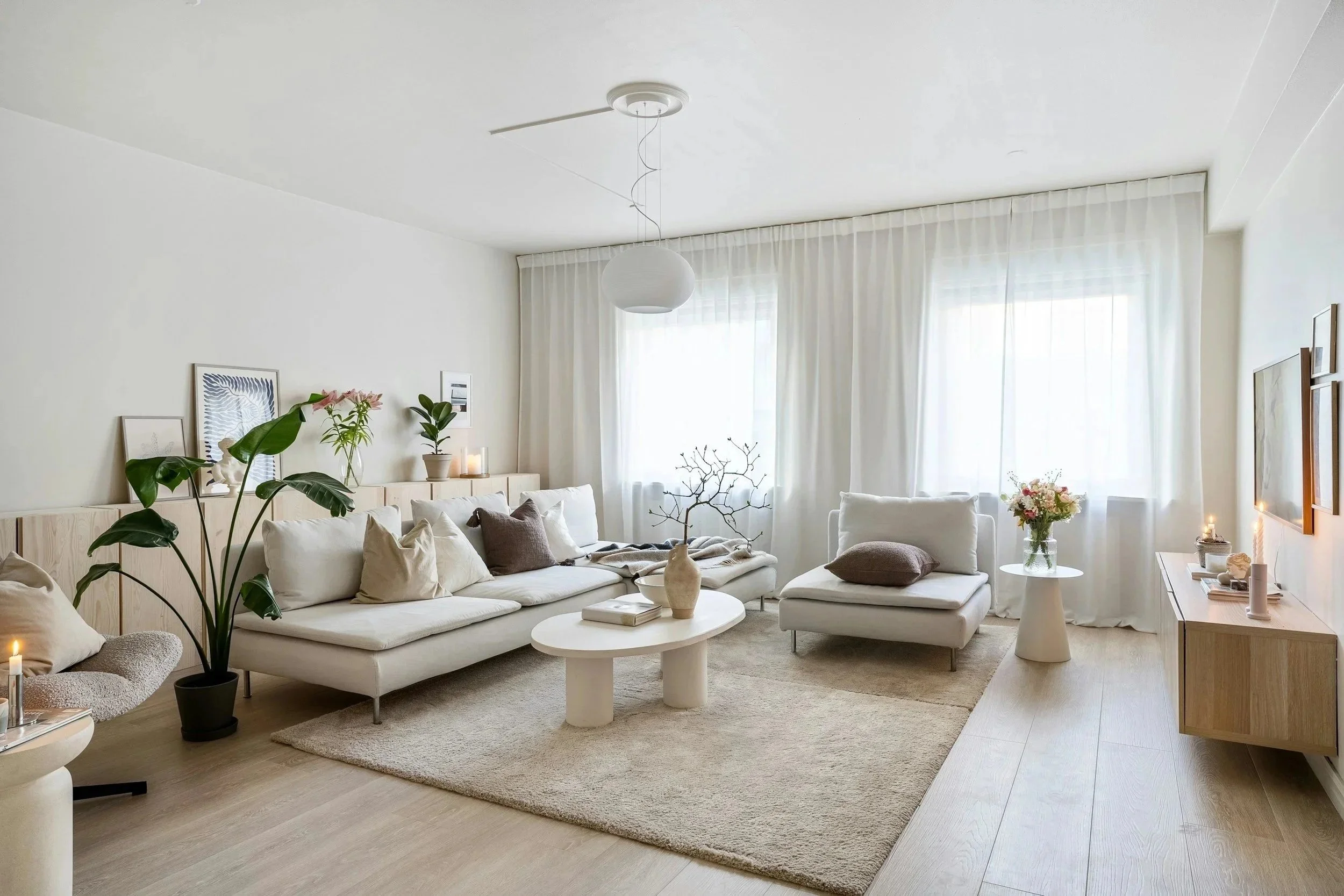 Bright and airy living room with white furniture, potted plants, decorative artwork, a round coffee table, and large windows with sheer curtains.