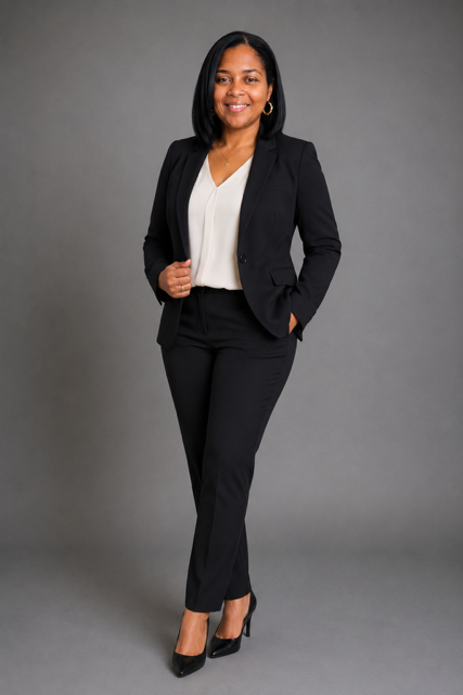 A woman in a black blazer and pants with a white blouse, standing against a gray background, smiling and posing confidently.
