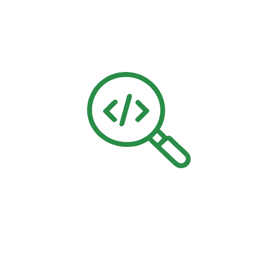 Magnifying glass with code brackets representing software and IT talent search.