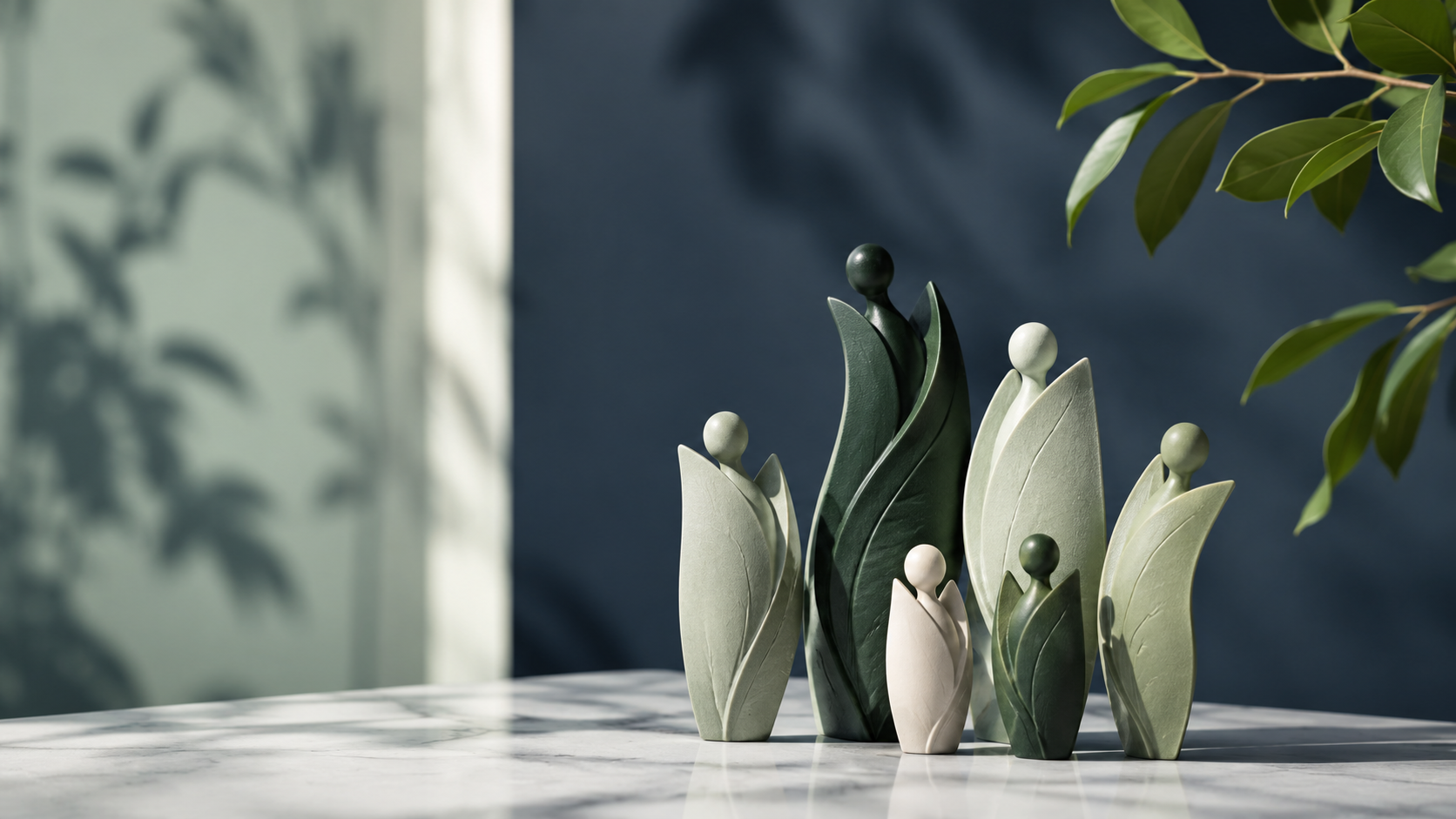 Leaf-inspired ceramic sculptures in green and cream on a marble surface.