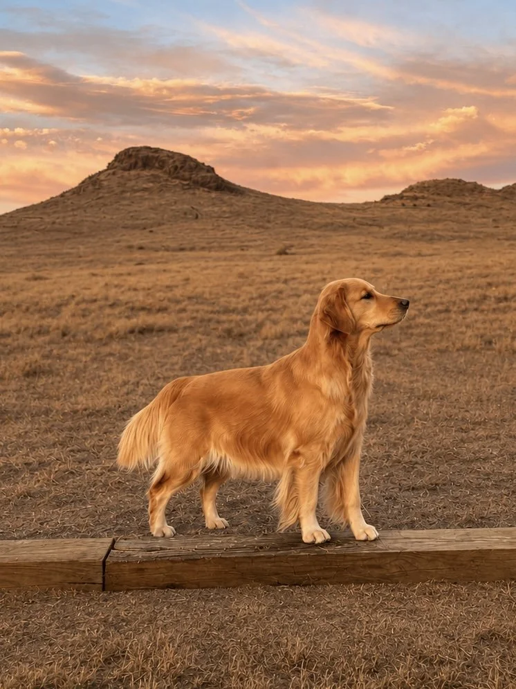 Golden retriever standing on a wooden beam in a dry, open landscape with hills and a colorful sunset sky in the background.