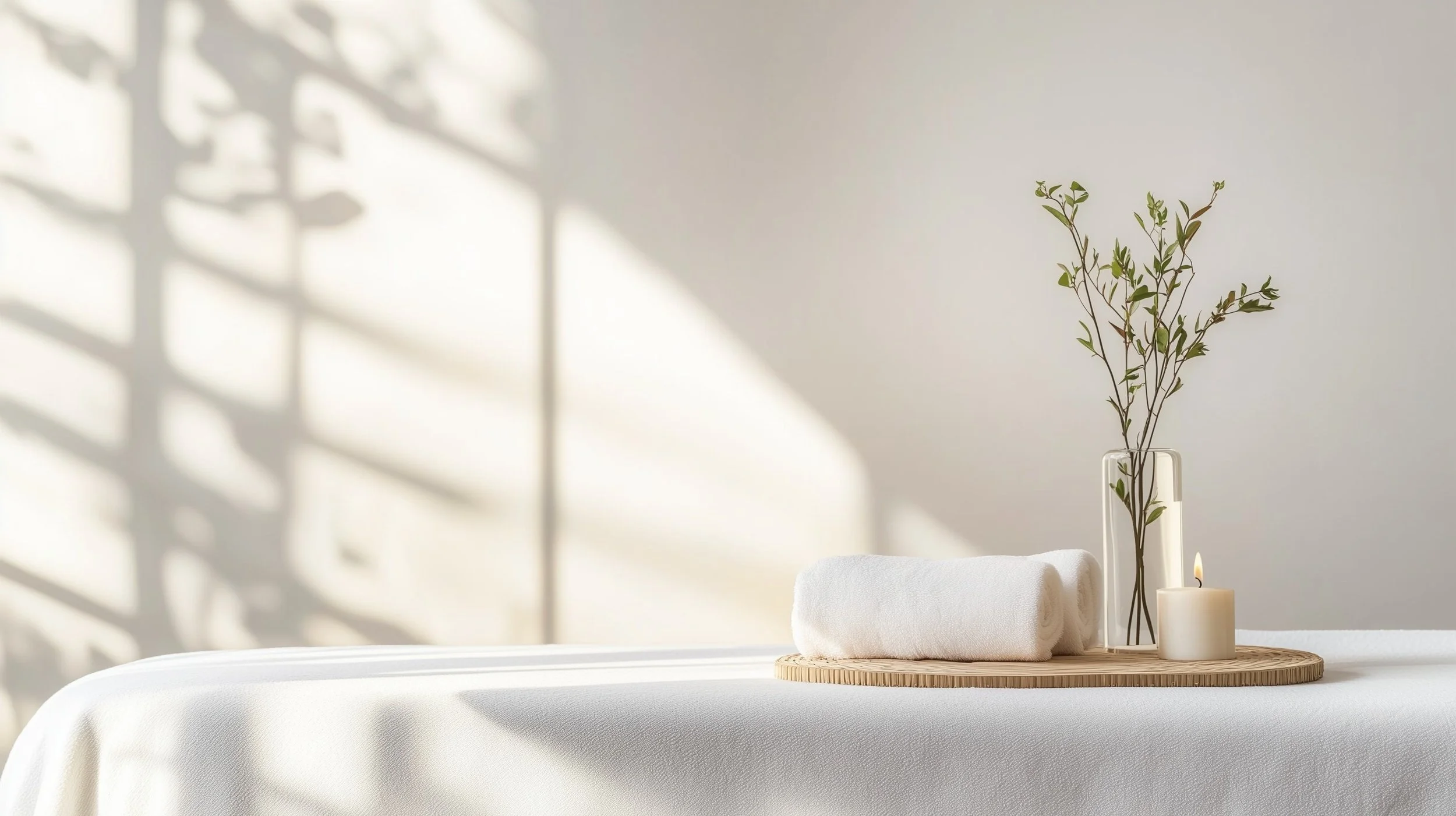 A minimalist spa setting with a white towel, a small candle, and a clear glass vase with green leafy branches on a round woven mat, against a soft background with natural light and shadows.