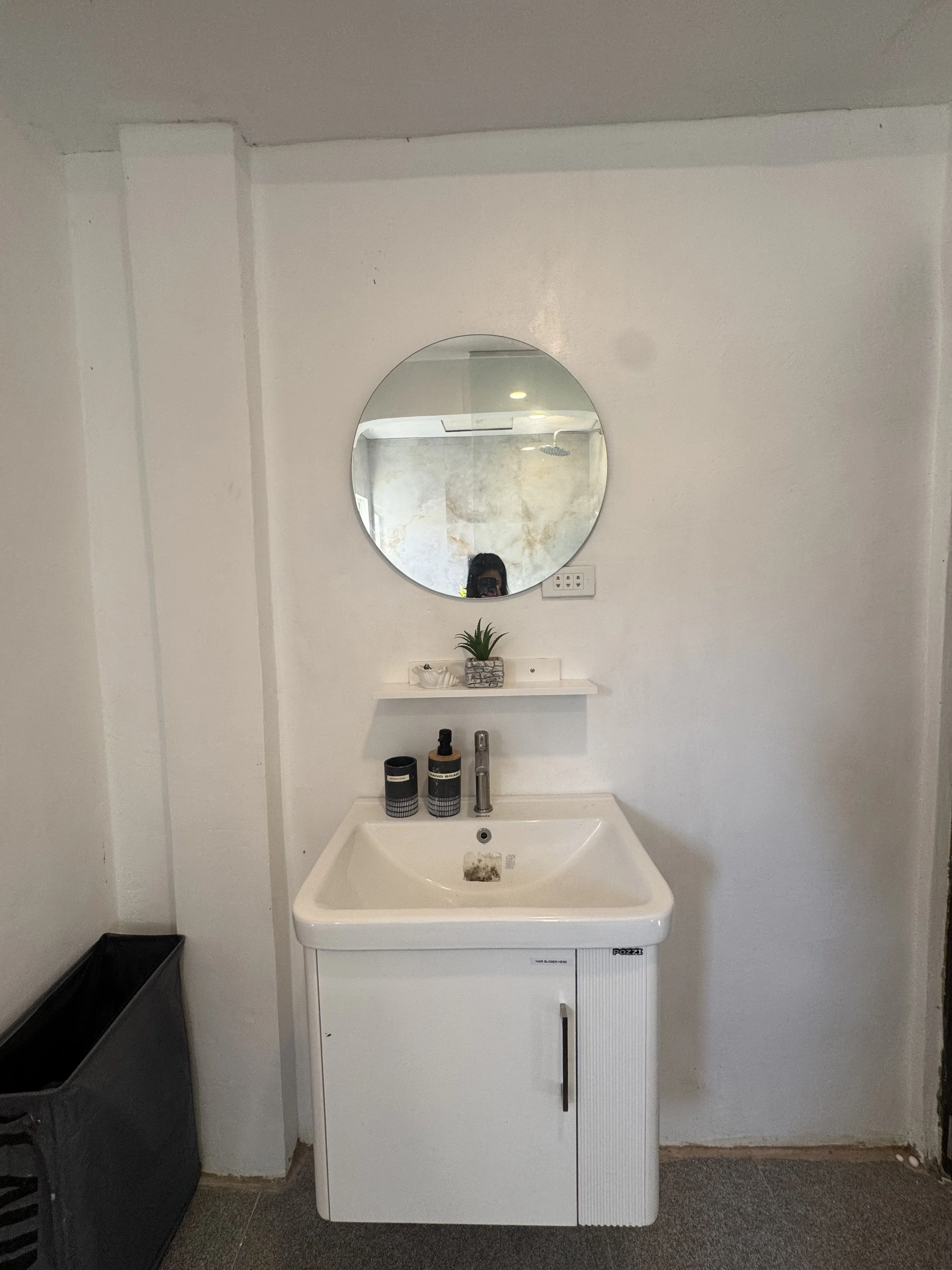 Bathroom with a white sink and a mirrored oval mirror above it. There are two bottles and a small plant on the sink, with a white cabinet below. To the left, a black laundry basket is on the gray carpeted floor. A white wall with an electrical outlet