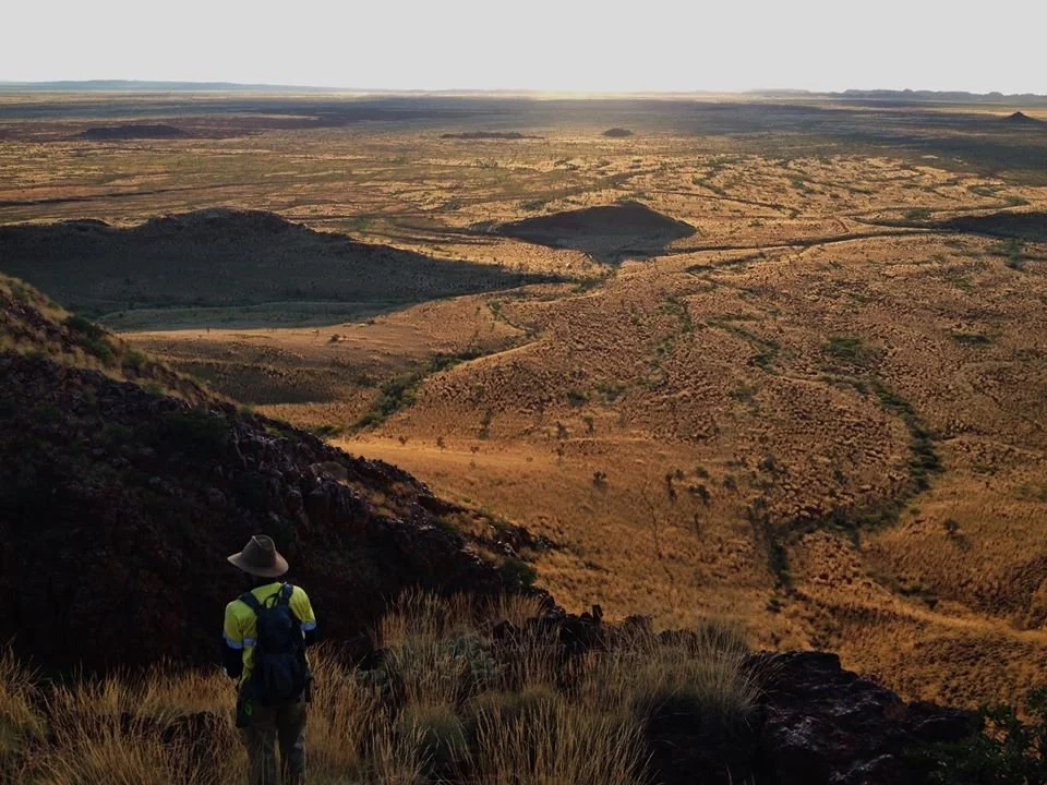 Environmental Surveyor Chris Knuckey standing on a hillside overlooking a vast, arid landscape with rolling hills, sparse vegetation, and a distant horizon.