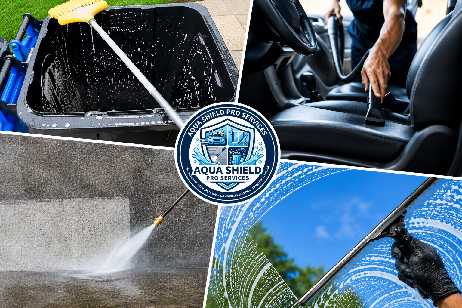 Collage of cleaning services including washing a car's interior, pressure washing a concrete surface, washing a window, and cleaning a car with soap and water. Center logo for Aqua Shield Pro Services.