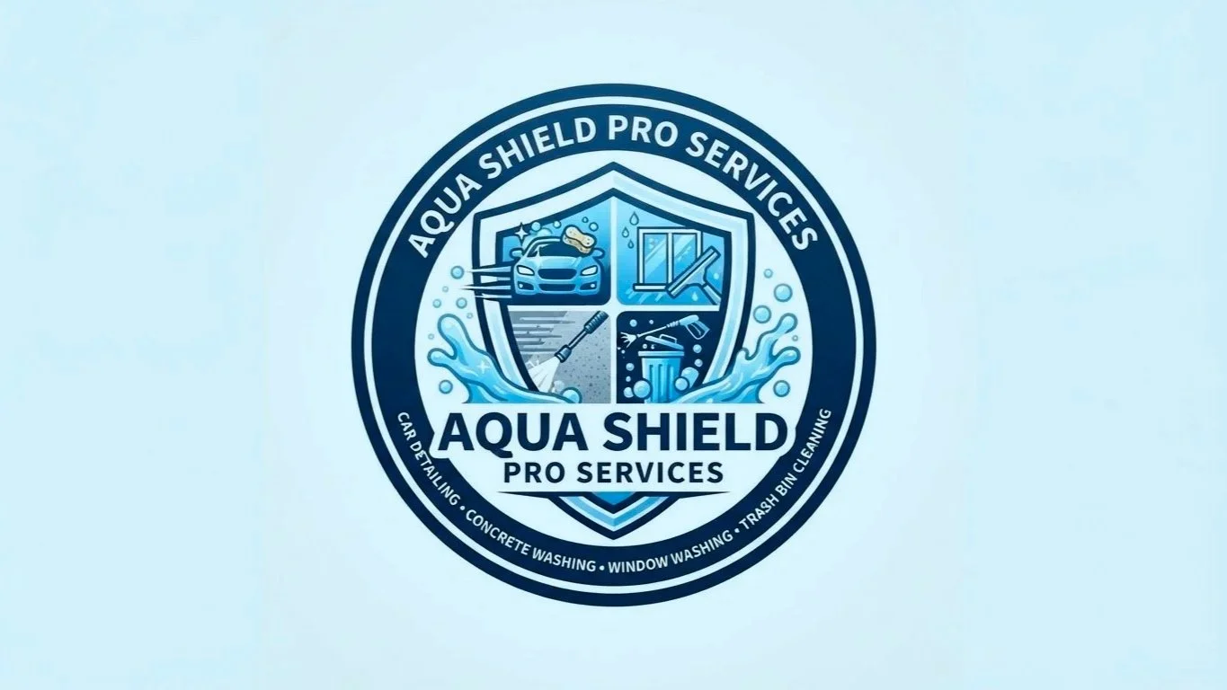 Aqua Shield Pro Services logo featuring a shield with water splash elements, a car, window, and cleaning tools, with text indicating car detail, concrete washing, window washing, and trash bin cleaning.