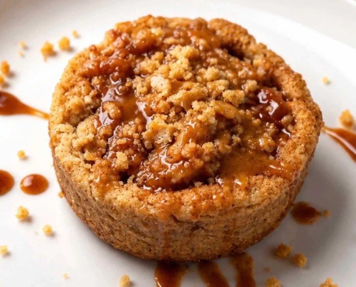 Peach Cobbler Cookie: A seasonal delicacy; each cookie is crowned with a fresh white peach reduction and a homemade cinnamon crumble for added crisp. Finished with a silky vanilla-cinnamon-nutmeg drizzle that melts into the crumble offering a comfort