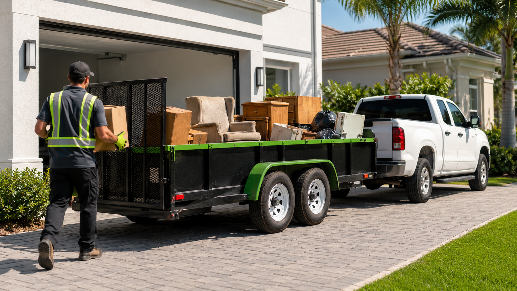 Beyond Logic Junk Removal worker loading furniture onto a trailer for junk removal service in South Florida.