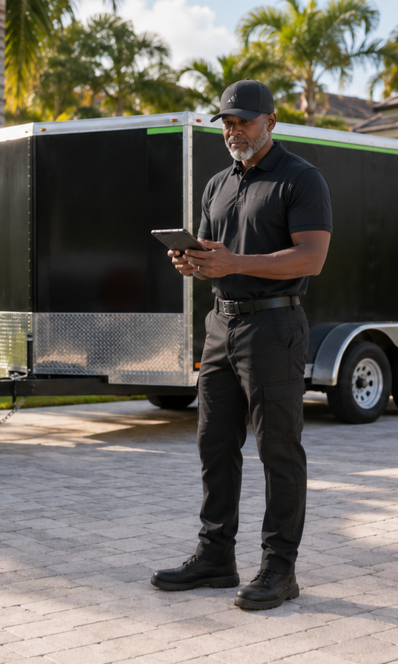 Beyond Logic Junk Removal worker standing near a trailer for cleanout and hauling service.