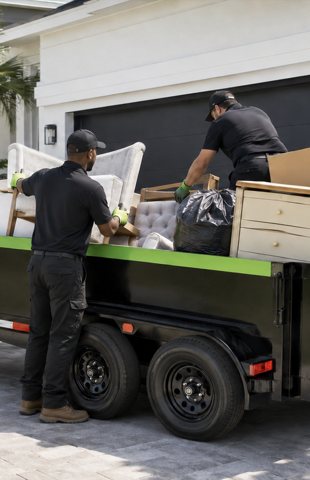 Junk removal workers loading furniture onto a black trailer for a residential cleanout.