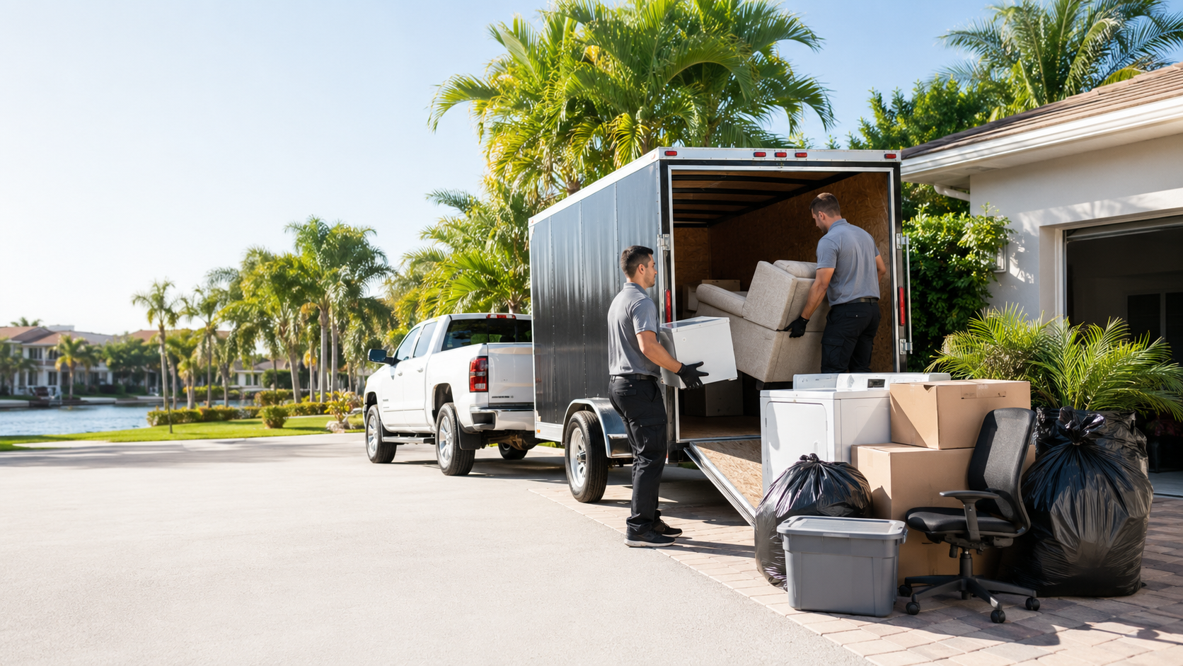 Two workers unloading furniture during a junk removal and cleanout job in South Florida.