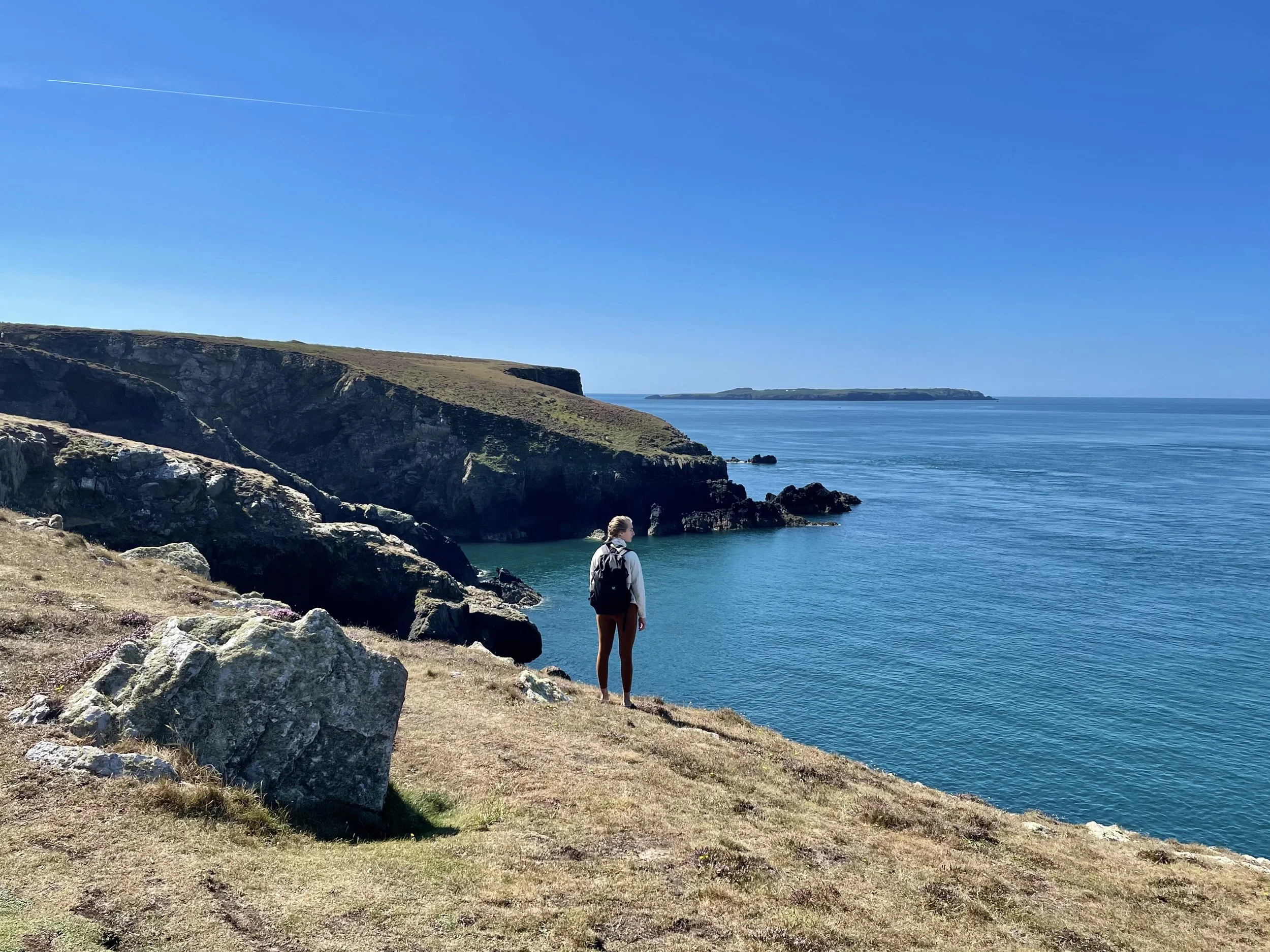 A woman in a gray hoodie and black shorts standing on a grassy cliff, overlooking the ocean under a clear blue sky.