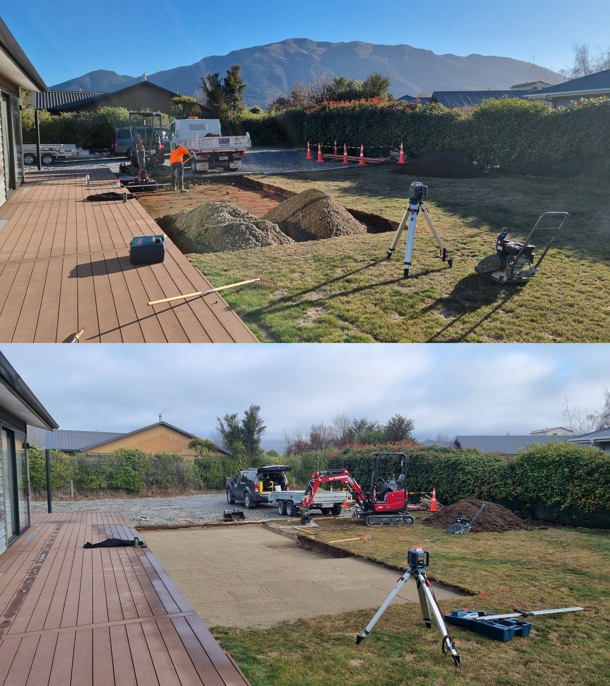 Earthworks workers install the ground preparation for a concrete pad , with construction equipment, excavator, truck and tools visible, and a mountain landscape in the background.