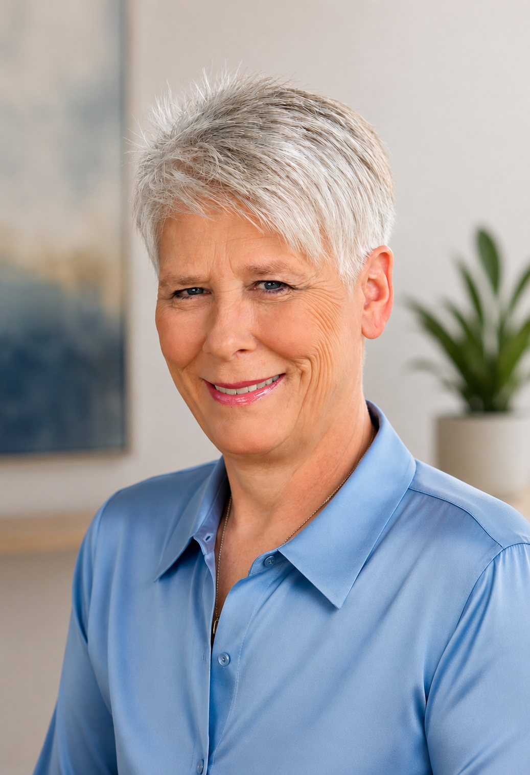 An older woman with short gray hair, smiling, wearing a light blue button-up shirt, in an indoor setting with a blurred background of a potted plant and artwork.