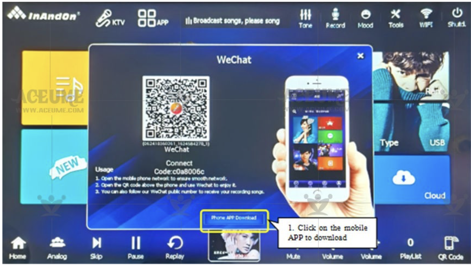 The image shows a TV screen displaying the inAndon karaoke app interface, with various controls and icons at the top, and a WeChat QR code and download instructions in the center. There are icons for home, analog, skip, pause, replay, and other functions at the bottom.