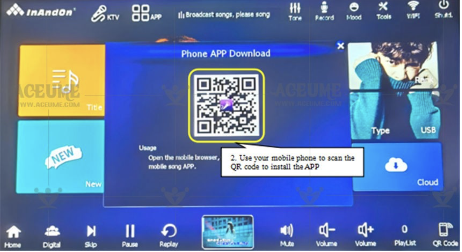 A screen displaying instructions for downloading a mobile app by scanning a QR code. The screen has various icons features at the top, including TV, app download, broadcast, tone, record, mood, tools, Wi-Fi, and settings. The QR code is centrally located with instructions below it reading 'Use your mobile phone to scan the QR code to install the APP.' There is an image of a person on the right side with the text 'Type USB' and a cloud download icon at the bottom right.
