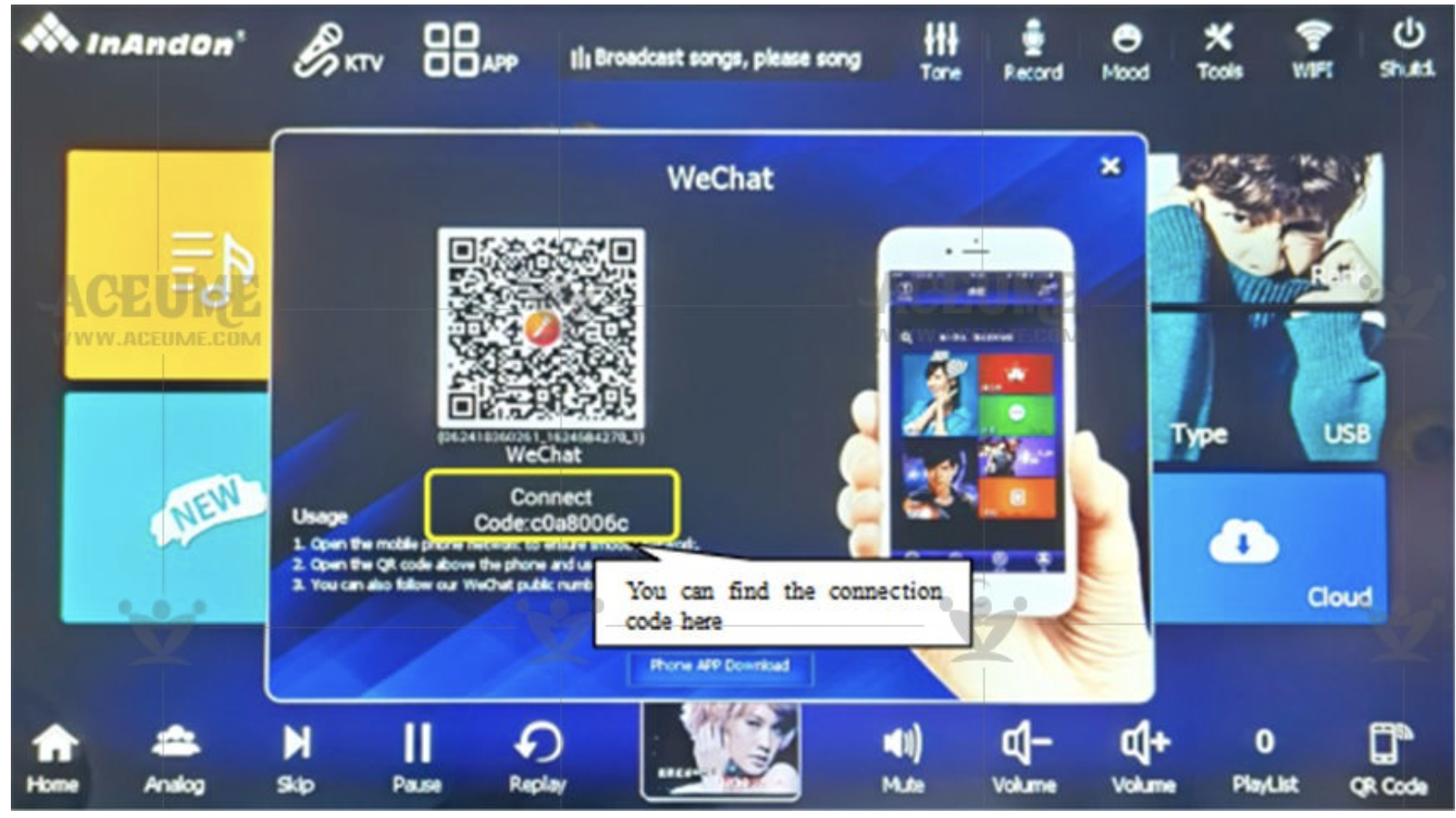 A TV screen displaying a WeChat QR code with connection instructions, an animated boy on the right, and app icons at the top and bottom of the screen.