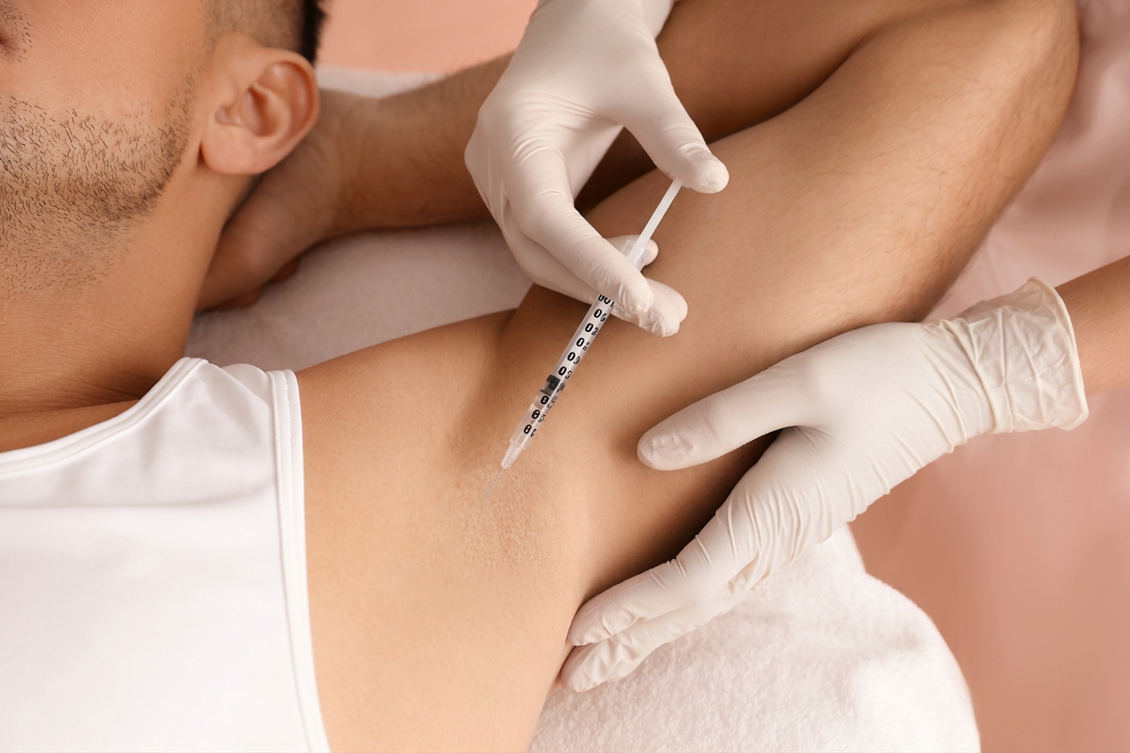 Man receiving a neuromodulator injection in the underarm to treat excessive sweating.